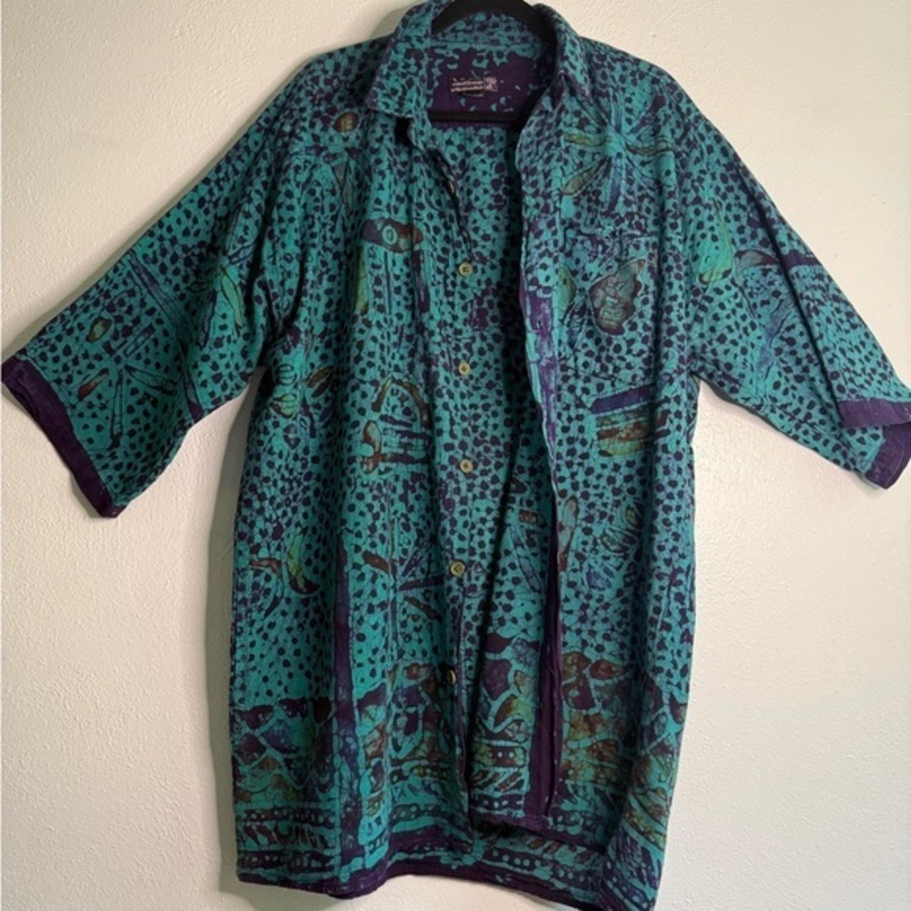 Spirit of Courage Teal & Purple Tunic Shirt, African Batik. 100% cotton. Sz M